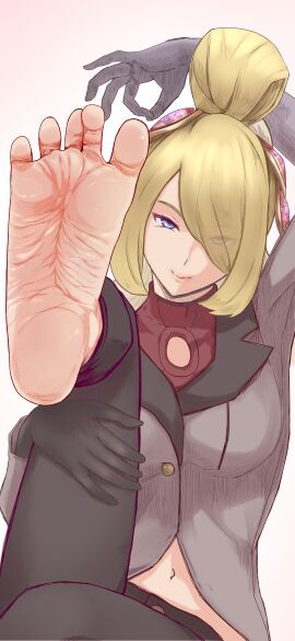 1-3-1_toes barefoot barefoot_under_trousers bio_(baio) blonde_hair cynthia_(pokemon) feet foot_fetish foot_focus fully_clothed gloves long_hair medium_breasts mommy ok_sign one_eye_covered one_leg_up pokemon presenting_feet soles toes wrinkled_feet wrinkled_soles wrinkles