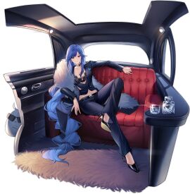 absurdly_long_hair alternate_costume azur_lane belt biloxi_(azur_lane) biloxi_(empress_in_the_silk_seat)_(azur_lane) black_background black_belt black_bra black_choker black_footwear black_jacket black_pants black_shirt blue_eyes blue_hair blue_nails blush bottle bra bracelet braid breasts car car_interior cg choker cleavage closed_mouth collarbone couch crop_top crossed_legs cup drinking_glass earrings feather_boa female formal full_body fur_scarf fur_trim high_heels jacket jewelry long_hair long_sleeves looking_at_viewer medium_breasts midriff motor_vehicle multicolored_hair nail_polish navel necklace official_alternate_costume official_art open_clothes open_jacket pants shirt sidelocks single_braid sitting smile solo speaker stomach suit sunglasses tattoo transparent_background underwear very_long_hair