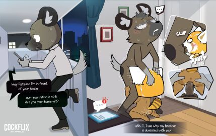 2024 4_fingers absurd_res aggressive_retsuko aggretsuko ailurid anthro anthro_on_anthro anthro_penetrated anthro_penetrating anthro_penetrating_anthro artist_name ass ass_grab balls bite biting_lip biting_own_lip black_bottomwear black_clothing black_ears black_eyebrows black_footwear black_nose black_pants black_pubes black_shoes blush blush_lines bodily_fluids bottomwear brand_parody breasts brother brother_(lore) brothers_(lore) brown_anus brown_balls brown_body brown_fur brown_pawpads brown_penis brown_pussy brown_tail building butt_grab cellphone city clothed clothed_anthro clothed_male clothing cuckold cum cum_on_face cum_on_head curtains cutaway dress_shirt drooling electronics ellipsis empty_eyes eye_roll eyebrows eyewear feet female female_penetrated fingers footwear fur genital_fluids genitals glasses gosgoz grey_body grey_eyes grey_eyewear grey_fur grey_glasses grey_tail group haida haida_(aggretsuko) hand_on_ass hand_on_butt head_grab head_tuft hi_res holding_cellphone holding_object holding_phone holding_smartphone hyena infidelity inside interspecies irrumatio jiro_haida_(aggretsuko) kneeling leaning leaning_forward long_sleeves male male/female male_penetrating male_penetrating_female mammal markings multicolored_body multicolored_fur netflix night nude nude_anthro nude_female nude_male onomatopoeia oral oral_penetration orange_body orange_fur orange_tail outside pants pawpads penetration penile penile_penetration penis penis_in_mouth penis_in_pussy phone picture_frame pubes pussy pussy_juice_on_butt pussy_juice_on_penis raised_head rear_view red_panda retsuko ring_(marking) ringed_tail saliva saliva_on_penis sanrio sex shaking sharp_teeth shirt sibling_(lore) side_view skyscraper smartphone snout soles sound_effects speech_bubble spotted_hyena striped_markings striped_tail stripes sweat sweaty_face tail tail_markings tan_inner_ear teeth text texting three-quarter_view topwear trembling trio tuft two-tone_body two-tone_fur two-tone_tail vaginal_fluids vaginal_penetration white_body white_clothing white_ears white_eyebrows white_eyes white_fur white_inner_ear white_shirt white_text white_topwear window