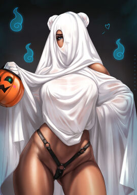 1girls barely_clothed breasts bubble_(dandon_fuga) dandon_fuga dark-skinned_female dark_skin female ghost_costume halloween_costume jack-o'-lantern leather_panties looking_at_viewer original original_character seductive thick_thighs thong trick_or_treat under_covers voluptuous