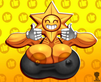 bean_smile brawl_babe brawl_stars breasts female huge_breasts nipple_bulge nipple_slip smile starr_drop_(brawl_stars) teeth thumbs_up xequiel