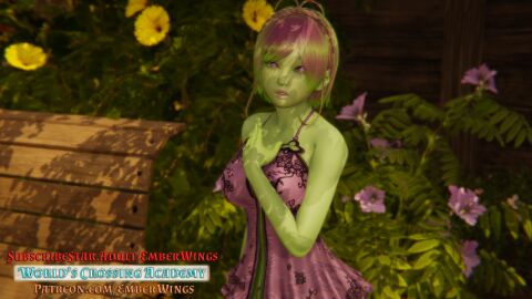 3d ai_shoujo braid breasts dryad female female_only green_hair green_skin large_breasts pink_eyes pink_hair pink_lipstick promotional_art saarya_(wca) short_dress team_emberwings wca worlds_crossing_academy