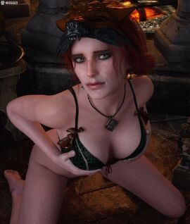 1girls 3d breasts female female_focus female_only freckles holding_breast light-skinned_female light_skin looking_at_viewer missally red_hair solo the_witcher_(series) the_witcher_3:_wild_hunt triss_merigold underwear