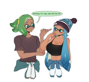 1boy 1girls artist_name beanie blue_hair breasts cleavage english_text female green_eyes green_hair inkling inkling_girl large_breasts long_hair male navel nintendo r10bon sage_(splashv) shirt short_hair simple_background skylar_(splashv) splatoon splatoon_(series) splatoon_3 splatoon_oc sweater_around_waist tank_top tentacle_hair white_background