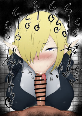 1boy 1girls :>= big_breasts big_penis blowjob blue_eyes blush breasts canon_genderswap censored dark-skinned_male dark_skin detailed_background dress drooling elf eyelashes fellatio female genderswap genderswap_(mtf) hair_over_one_eye heart humanoid indoor inside interracial interspecies kagali_(tensei_shitara_slime_datta_ken) kurotama looking_at_viewer male male_pov oral oral_sex penis pointy_ears room saliva shiny shiny_skin short_hair sketch sound_effects squatting sweat tensei_shitara_slime_datta_ken text vein veins veiny veiny_penis yellow_hair