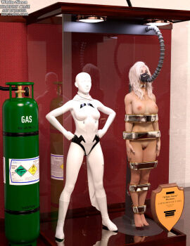 1girls 3d blonde_hair bound bound_arms bound_legs completely_nude female female_only full_body mannequin nude nude_female original original_character solo superheroine thejpeger trophy_case unconscious unconscious_female