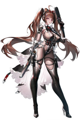 action_pose breasts brown_hair cute female female_only gun high_heels high_resolution latex latex_gloves latex_thighhighs long_hair maid maid_outfit maid_uniform purple_eyes see-through sideboob skin_tight stockings thighhighs thighs twintails uniform