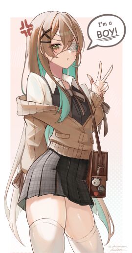 1boy akumana bag crossdressing eyepatch femboy male otoko_no_ko safe_for_work shigure_serizawa shiny_skin shiny_thighs skirt solo thighhighs trap very_long_hair vtuber white_thighhighs