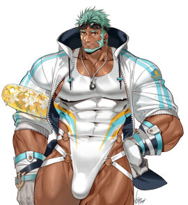 1boy 2021 bara beard bulge character_request check_character check_copyright copyright_request covered_abs covered_erect_nipples covered_navel dark-skinned_male dark_skin eyewear_on_head facial_hair gloves gomtang green_hair hand_on_own_hip harness jacket jewelry large_pectorals leotard male male_focus mature_male muscular muscular_male necklace open_clothes open_jacket original pectoral_cleavage pectorals shirt short_hair sideburns sidepec skin_tight sleeves_rolled_up smile solo solo_male stubble sunglasses thick_thighs thighs tight_clothes tight_shirt veins very_dark_skin white_gloves white_jacket white_leotard yaoi