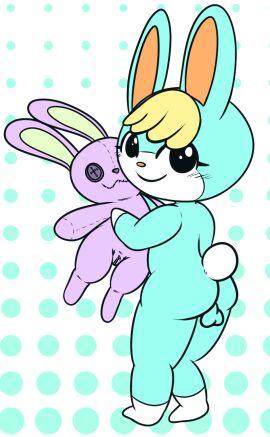 animal_crossing anthro ass backsack balls ballsack blonde_hair button_eyes fur genitals green_body green_fur hair hi_res lagomorph leporid looking_at_viewer looking_back looking_back_at_viewer male mammal mincheeto nintendo nude plushie rabbit sasha_(animal_crossing) simple_background smile zipper