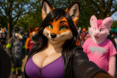 1girls ai_generated anthro big_breasts black_hair black_nose black_tipped_ears blouse breasts busty cleavage crowd deviantart ears female fox fox_girl furcon furry furry_convention genderswap genderswap_(mtf) green_eyes leather_jacket long_hair looking_at_viewer orange_body orange_fur outdoors outside purple_topwear realistic rule_63 sekaithefox selfie smile trees worldfan2020 zipper