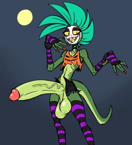 anthro ash_(g-h-) balls big_balls big_penis bodypaint bottomwear bracelet choker clothed clothing crop_top erection face_paint femboy fingerless_gloves freckles freckles_on_shoulders gecko genitals ghastlygh gloves green_body green_scales grin half-closed_eyes halloween handwear holidays hotpants huge_balls huge_cock humanoid_genitalia humanoid_penis jewelry legwear lizard male male_only mohawk multicolored_body multicolored_scales narrowed_eyes necklace open_bottomwear open_clothing open_pants pants penis reptile scales scalie sharp_teeth shirt shorts simple_background skinny smile solo stockings studded_bracelet studded_jewelry studs teeth topwear two-tone_body two-tone_scales yellow_sclera
