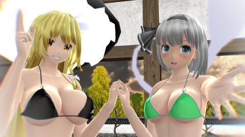 2023 2girls 3d afternoon armpit bikini bikini_top black_bikini_top black_ribbon blonde-haired_female blue_eyes blurry_background blush breasts cleavage clouds duo_female duo_focus female ghost green_bikini_top grey-haired_female hat hati_yukkuri_mmd headband holding_hands human jpeg light-skinned_female light_skin long-haired_female looking_at_viewer marisa_kirisame mmd one_arm_up open_mouth short-haired_female smiling_at_viewer sunset swimsuit tied_hair touhou trees white_bowtie wisp witch_hat yellow_eyes youmu_konpaku