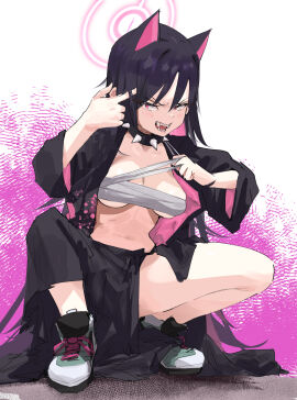 1girls blue_archive breasts cat_girl catgirl d.r. fangs female kazusa_(blue_archive) red_eyes skirt underboob