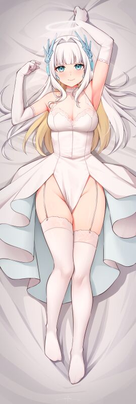 1girls 2d 2d_(artwork) alternate_costume bed bedroom blush dakimakura eru_nabura female female_focus female_only front_view full_body grey_hair headset high_resolution highres indie_virtual_youtuber indoors latam_virtual_youtuber light-skinned_female light_skin lingerie long_gloves long_hair looking_at_viewer lying lying_on_back lying_on_bed slim_female solo solo_female solo_focus thighhighs tight_clothing two-tone_hair unsfrau virtual_youtuber vtuber vtuberfanart wedding_dress wedding_gloves wedding_lingerie white_gloves white_hair white_thighhighs yellow_hair young younger_female