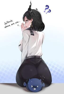 1girls ass big_ass black_hair blue_hair bottom_heavy fan_mascot_(vtuber) fan_mascot_focus_(vtuber) female glasses hololive hololive_english hololive_english_-advent- horn iggy2077 jailbird_(nerissa_ravencroft) nerissa_ravencroft office_lady scarf shirt sitting sitting_on_person skirt text virtual_youtuber