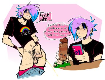 1boy 1femboy angry angry_expression angry_face annoyed annoyed_expression background bileshroom black_nail_polish blush_lines christmas_teim_(masochistfox) color colored dyed_hair ear_piercing english_text erect_penis erection eyebrows_visible_through_hair eyeshadow femboy foreskin gay_ass_haircut genital_fluids genitals green_hair green_pubes green_pubic_hair hand_on_hip handjob hot_pink_boxers imminent_blowjob imminent_fellatio imminent_oral light-skinned_male light_purple_hair light_skin looking_at_phone makeup male male_only nsfwshroom oc original_character pale_skin pants pants_around_ankles pants_down pants_pulled_down peeing penis phone pierced_ears piercing piercings pink_eyes piss pissing pissing_on_floor pretty_boy profanity pubes pubic_hair purple_hair scene_hair scene_kid scenecore small_penis speech_bubble stroking_cock stroking_penis taking_picture tan-skinned_male tan_body tan_skin text text_bubble unbuttoned_pants uncircumcised uncut v-line_piercing