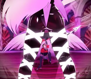 angel angel_girl angel_wings ballerina_shoes carmilla_carmine demon demon_girl female hazbin_hotel latex long_hair red_ribbon sayob skirt spear tagme vaggie_(hazbin_hotel) view_between_legs white_hair wings