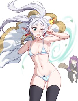 2girls ;o bikini blushypixy blushyspicy female female_only fern_(sousou_no_frieren) frieren multiple_females multiple_girls nearly_nude one_eye_closed pointy_ears solo_focus sousou_no_frieren striped_bikini surprised surprised_expression swimsuit thighhighs twintails underwear white_background
