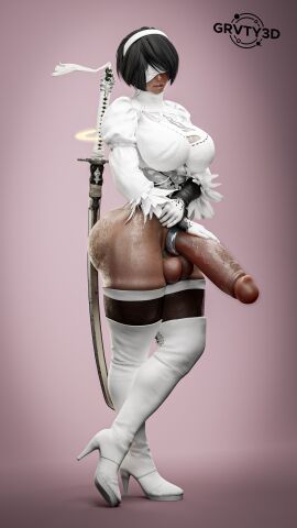 1futa 3d balls black_hair cock_ring futa_only futanari grvty3d huge_cock intersex nier:_automata penis solo sword thick_thighs thighhighs yorha_2p