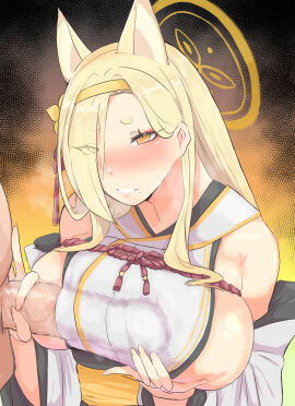 1boy 1girls abyss0017 allied_hyakkiyako_academy_student animal_ears blonde_hair blue_archive blush breasts clothed_female_nude_male female fox_ears fox_girl grey_background halo huge_breasts kaho_(blue_archive) light-skinned_female light-skinned_male light_skin male nose_blush paizuri penis sideboob sideboob_paizuri simple_background yellow_eyes yin-yang_club_(blue_archive)