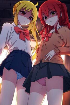 2girls blonde_hair bocchi_the_rock! clothed_female disgusted female female_only ijichi_nijika iya_na_kao_sare_nagara_opantsu_misete_moraitai kenday70 kita_ikuyo panties red_hair school_uniform shirt skirt underwear yellow_hair