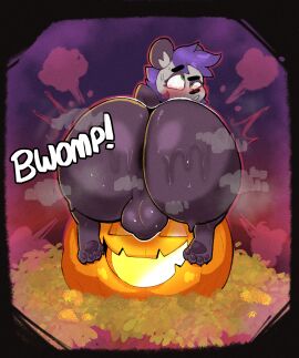 anthro ass ass_focus balls bear big_ass big_balls big_butt blush bodily_fluids butt_expansion butt_focus expansion feet food fruit genitals giant_panda hair hi_res huge_ass huge_butt jack-o'-lantern magic mala_(malafox) malafox male mammal multicolored_body plant pumpkin purple_hair solo solo_focus sweat text