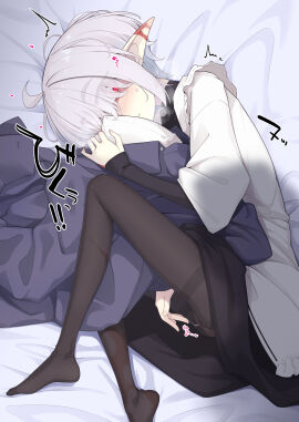 ^^^ abelia_(ogami_kazuki) ahoge bed_sheet black_pantyhose black_shirt black_skirt blush burn_scar closed_mouth commentary_request eyes_visible_through_hair facing_viewer female frilled_jacket frills grey_hair hair_over_eyes heart highres jacket layered_sleeves long_sleeves looking_at_viewer lying masturbation no_shoes ogami_kazuki on_side original pantyhose pointy_ears pussy pussy_juice pussy_juice_trail red_eyes scar shirt short_over_long_sleeves short_sleeves skirt sleeves_past_wrists smelling smelling_clothes solo surprised thick_eyebrows thighband_pantyhose translation_request white_jacket