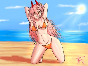 1girls absurd_res alternate_breast_size arms_up artist_signature beach bikini blush breasts chainsaw_man cleavage clothed daytime demon demon_girl female female_only flower flower_in_hair hands_behind_head hi_res horns kneeling light-skinned_female light_skin long_hair ocean orange_bikini orange_eyes pink_hair power_(chainsaw_man) red_nails sand sharp_nails sky solo sun ultimablueg very_long_hair