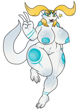 2017 aijou anthro big_breasts big_tail blonde_eyebrows blonde_hair blue_eyes breasts claws colored digital_drawing_(artwork) digital_media_(artwork) dragon eyebrows female genitals hair hi_res horn huge_breasts huge_tail jou mythological_creature mythological_scalie mythology nude nude_female open_mouth raised_leg scalie solo star tail teeth_showing thick_thighs toe_claws turismoturbo vulva wide_hips yellow_eyes