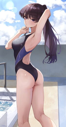 1girls artist_request ass ass_focus blush breasts female komi-san_wa_komyushou_desu komi_can't_communicate komi_shouko ponytail pool poolside purple_hair swimming_pool swimsuit