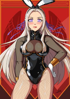 1girls big_breasts blush breasts bunny_ears bunny_girl bunnysuit edelgard_von_hresvelg fake_animal_ears female fire_emblem fire_emblem:_three_houses fishnets frown grey_hair hand_on_hip large_breasts looking_at_viewer nintendo purple_eyes sweatdrop thighs velvetsolana