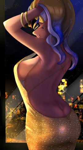 1girls ass breasts dress female frostyfest_outfit frye_(frostyfest_2025) frye_(splatoon) gold_dress inkling inkling_girl large_breasts looking_at_viewer mugyiiiii_ika nintendo no_bra no_bra_under_clothes pointy_ears sideboob solo solo_female solo_focus splatfest splatoon splatoon_(series) splatoon_3 tentacle_hair two-tone_hair yellow_eyes