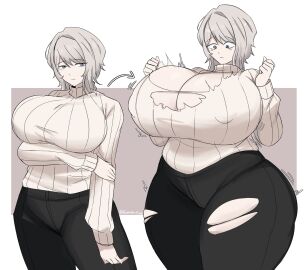 1girls blue_eyes breast_expansion breasts breasts_bigger_than_head commission emmarrgus faust_(limbus_company) female growth huge_breasts limbus_company project_moon surprised sweater thigh_expansion torn_clothes turtleneck turtleneck_sweater white_hair