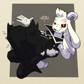 ambiguous_gender argon_vile asriel_dreemurr asriel_dreemurr_(god_form) black_sclera boss_monster_(undertale) bovid caprine cloven_hooves dialogue english_text floppy_ears fur goat hi_res hidden hooves horn lying m/ambiguous male mammal obscured_sex red_eyes resting_on_elbow speech_bubble text under_clothes undertale undertale_(series) white_body white_fur