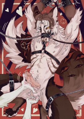 anthro balls balls_fondling black_markings bodily_fluids brown_body brown_fur brown_hair canid canine crouching cuff_(restraint) dripping erection fangs fondling fox fur genital_fluids genitals hair half-closed_eyes handjob harness heart_symbol hi_res highlights_(coloring) humanoid_genitalia humanoid_penis jariloxe leash leather leather_cuffs looking_pleasured male mammal markings muzzle_(object) muzzled narrowed_eyes neck_tuft one_eye_closed open_mouth open_smile penile penis precum precum_drip precum_string red_background restraints sex simple_background smile solo submissive submissive_anthro submissive_male teeth thigh_cuffs tongue tongue_out tuft white_body white_fur white_highlights wrist_cuffs yellow_sclera