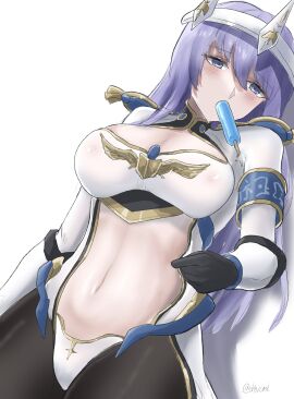 1girls belly belly_button blue_eyes blue_hair blush breasts cleavage color cooling_off digital_media_(artwork) female galaxy_gals headmistress_jeanne hot large_breasts light_skin mature_female nipples nipples_visible_through_clothing nyanko_daisensou pink_nipples popsicle sed_(d4vcmk) see-through sucking sweat teacher the_battle_cats tight_clothing tights tired wet