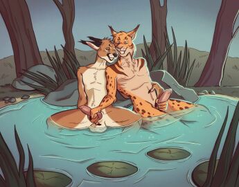 animal_genitalia anthro balls caracal caracal_(genus) duo erection felid feline genitals handjob hi_res lynx male male/male mammal masturbation outside partially_submerged penile penis reclining sex sheath smile spread_legs spreading tntkl