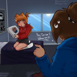 blush brown_hair caught_in_the_act clothed eddsworld ellsworld female genderswap genderswap_(mtf) kissing not_porn prepare4surgery red_lipstick red_sweatshirt rule_63 tamara_(eddsworld) tori_(eddsworld) yuri