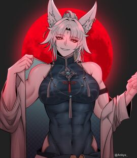 abs ankys blood_moon feixiao_(honkai:_star_rail) female fox fox_ears fox_girl honkai:_star_rail honkai_(series) hoyoverse muscular muscular_female red_eyes smile smiling stripping