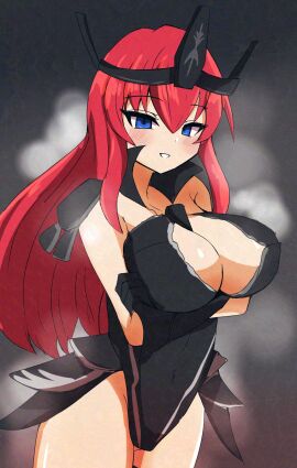 1girls arms_under_breasts blue_eyes blush breasts chibiharin color digital_media_(artwork) female galaxy_gals gloves headmistress_jeanne huge_breasts inner_sideboob large_breasts leotard light_skin long_hair mature_female nyanko_daisensou red_hair smile steam teacher the_battle_cats thick_thighs thighs tiara tight_clothing