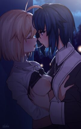 2girls ahoge arcueid_brunestud bedroom_eyes big_breasts blonde_hair blue_eyes blush bra bra_lift breasts ciel_(tsukihime) cleric closed_eyes clothes_lift color drooling female female_on_female female_only grabbing_breasts groping groping_breasts holding holding_breast huge_boobs huge_breasts implied_kiss kissing large_boobs large_breasts melty_blood necklace nipples nun saliva saliva_drip saliva_string saliva_trail shirt_lift sweater sweater_lift tongue tongue_out tsukihime yuri