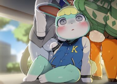 2024 animal_crossing anthro balls beau_(animal_crossing) biped blurred_background blush bottomless clothed clothing dagasi deer digital_media_(artwork) domestic_cat faceless_character faceless_male felid feline felis fur furry genitals group hair hi_res lagomorph leporid male mammal nintendo quality rabbit raymond_(animal_crossing) sasha_(animal_crossing) solo_focus tail thousand_yard_stare