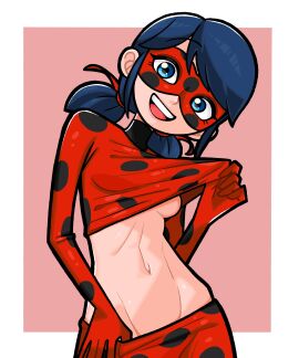 1girls 2d 2d_(artwork) belly blue_eyes blue_hair breasts cute eye_mask female female_only ladybug_(character) marinette_dupain-cheng masked masked_female miraculous:_tales_of_ladybug_and_cat_noir miraculous_ladybug n_k_m navel pants_pull pigtails shirt_lift short_hair smile smiling solo solo_female superheroine twintails underboob undressing