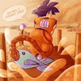 ass ass_focus big_ass big_ass_(male) big_butt big_butt_(male) black_hair brown_tail cute cute_face dock dragon_ball dragon_ball_super dragon_ball_z femboy femboy_dilf fish gay gi hair lake littlegayboy45 male male_only monkey_tail orange_gi saiyan_tail smiling solo_male son_goku son_goku_(young) spiky_hair tail text text_bubble