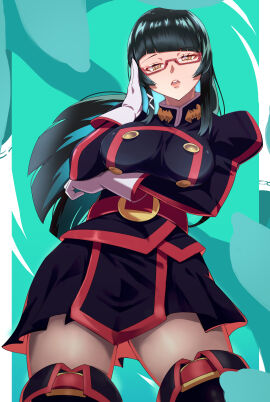 anti-demon_corps_uniform azuma_maia breasts female glasses gloves green_hair hime_cut large_breasts long_hair looking_at_viewer mato_seihei_no_slave megane pleated_skirt thighs yamada_otonari yellow_eyes