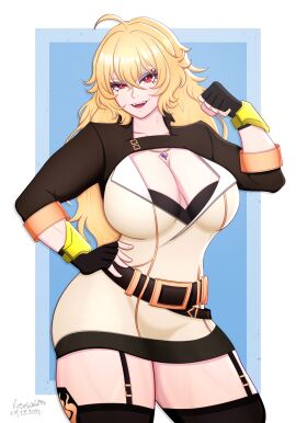 1girls 2024 2d 2d_(artwork) ahoge alternate_version_available artist_name blonde_hair blue_background dated female female_focus female_only human human_only pinup red_eyes rosewald1929 rwby sfw shiny_hair shiny_skin simple_background solo solo_female thick_thighs thighs yang_xiao_long