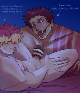 2boys caulknballs charlotte_katakuri dessert donut donut_on_penis donuts drooling fear food_play gay male male_only multiple_boys multiple_males original_character penis sweatdrop teeth teeth_showing