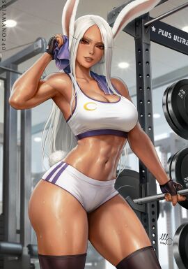 2024 abs animal_ears armpits bare_shoulders black_gloves black_thighhighs boku_no_hero_academia breasts cleavage collarbone contrapposto crescent_print dark-skinned_female dark_skin english_commentary female fingerless_gloves gloves gym highres holding holding_towel large_breasts long_eyelashes long_hair looking_at_viewer miruko my_hero_academia navel parted_bangs parted_lips power_rack rabbit_ears rabbit_girl rabbit_tail red_eyes rumi_usagiyama sciamano240 short_shorts shorts signature smile solo sports_bra stomach sweat tail thick_thighs thighhighs thighs toned toned_female towel towel_around_neck twitter_username very_long_hair weights white_hair white_shorts white_sports_bra