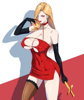1girls big_breasts blonde_hair breasts dress female gloves long_hair looking_at_viewer necklace nipple_bulge pale_skin red_eyes static808wave vampire